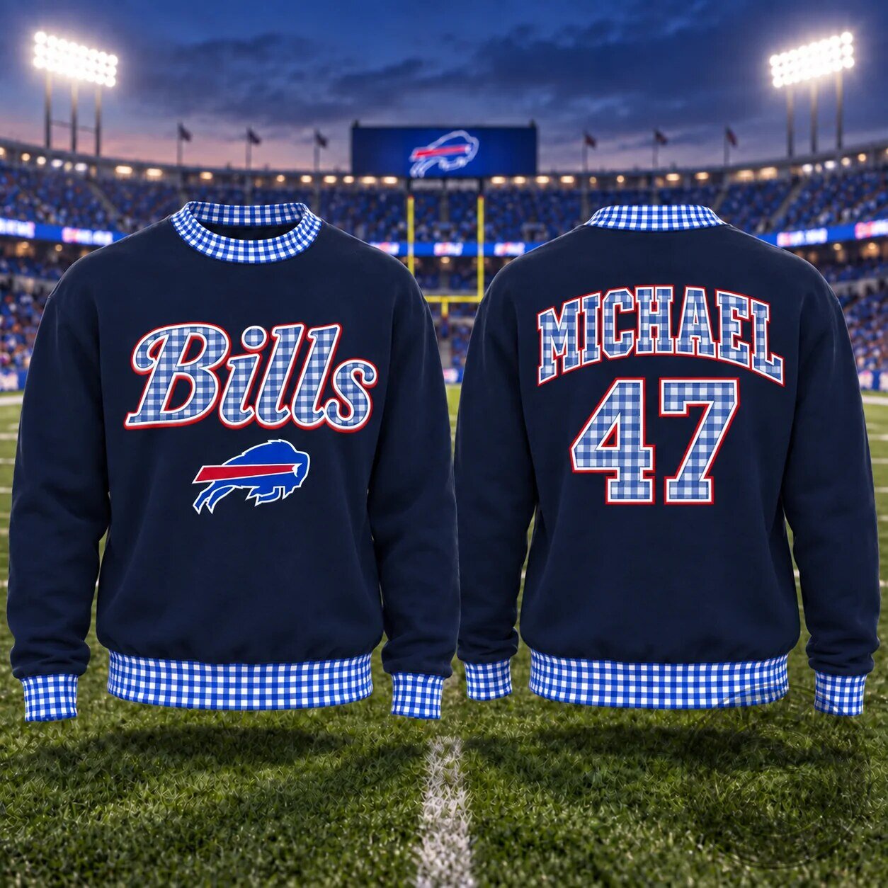 Buffalo Bills Personalized Gingham Trim Embroidered Crewneck Sweatshirt